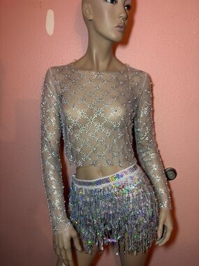 Windsor Sheer Pearl Rhinestone Mesh Crop Top White S
